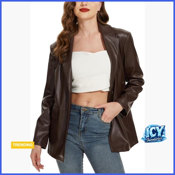 Faux Leather Blazer Jacket Oversized Moto Biker Coat Vegan Pleather